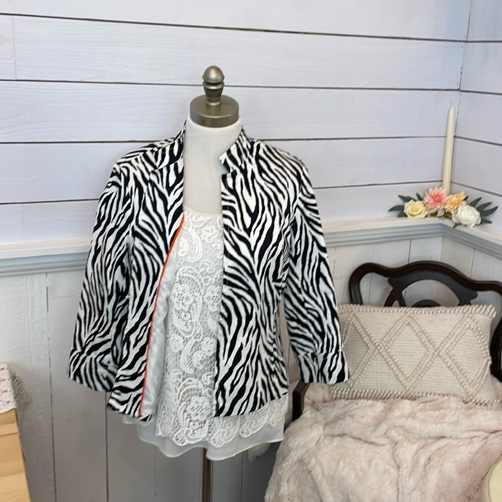 Erin London zebra stripe blazer jacket-makeup stains